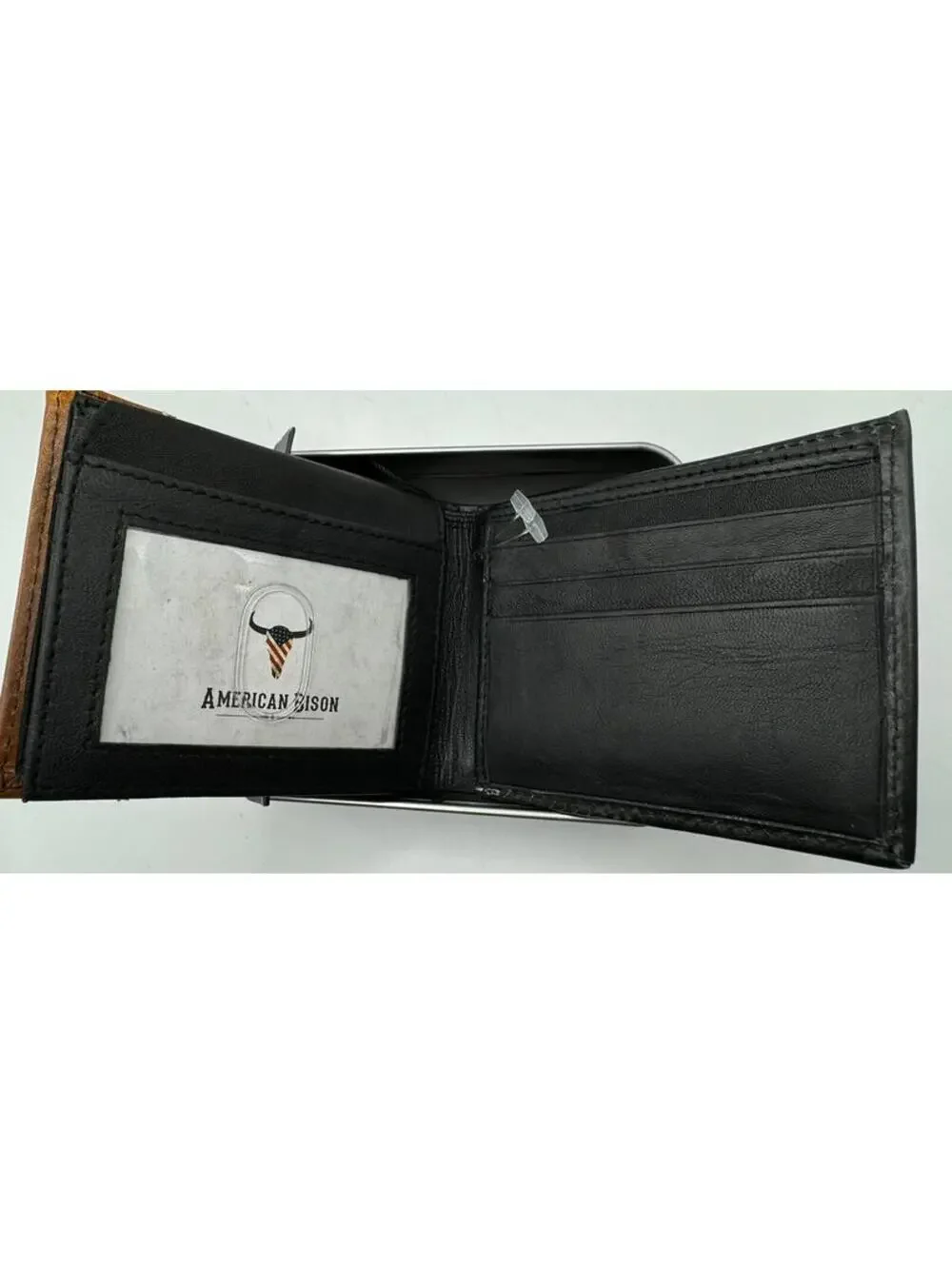 American Bison Black and Brown Leather Wallet with Tin Box